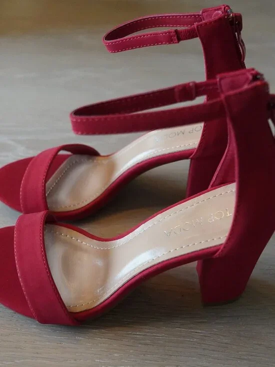 Top Moda Red Ankle Strap Statement Heels Block Heel Dress Party Sandals. - Picture 2 of 3